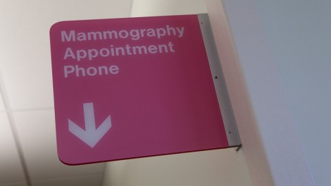 Pink sign that says Mammography Appointment Phone 