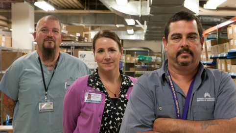Material Management. L-R) Storekeeper 2 Steve Wells. UHW; Director Kristen Chavis. Management; and Chief Storekeeper Jeff Hayes. UHW.